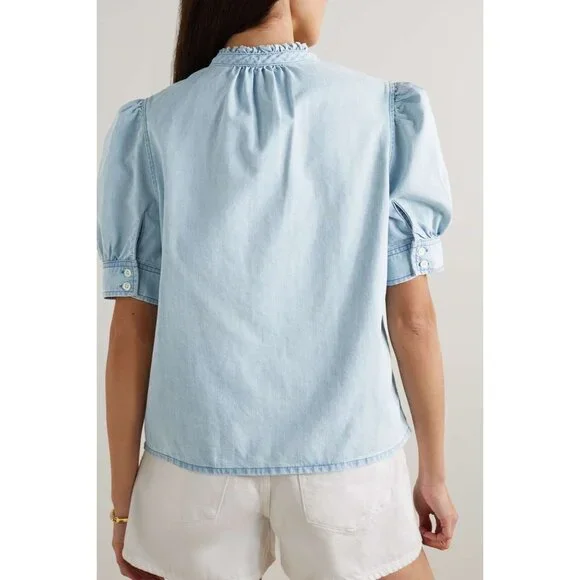 FRAME Ruffled cotton-chambray denim blouse size S